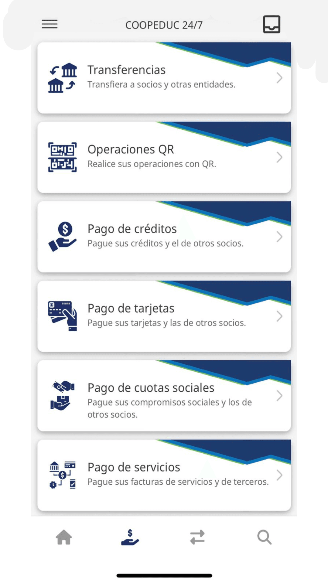 Menú de operaciones de COOPEDUC 24/7