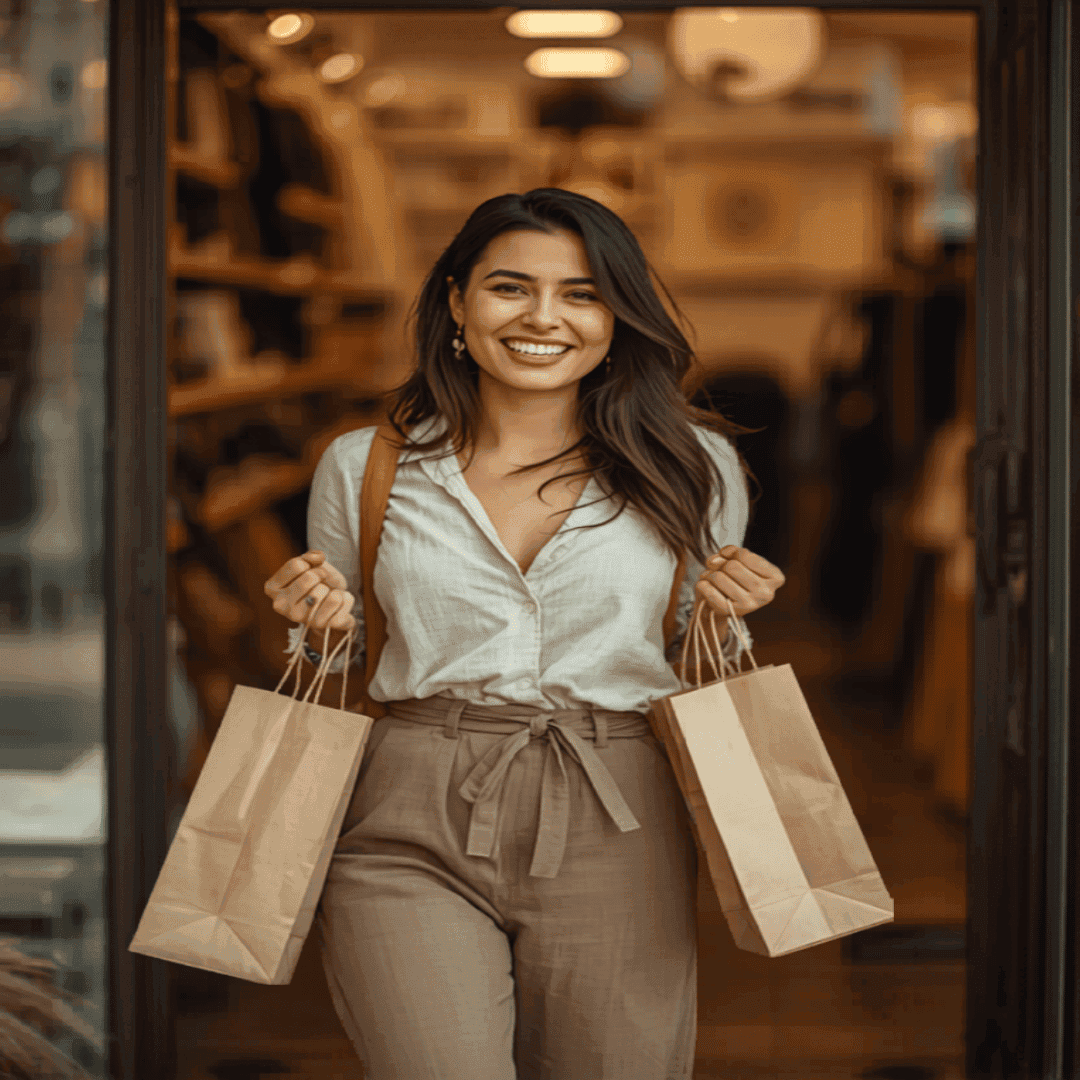 Mujer paraguaya saliendo de un comercio con bolsas de compras